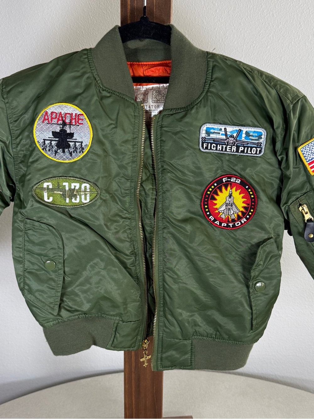 Kids Olive Green Bomber Jacket with Aviation Patches